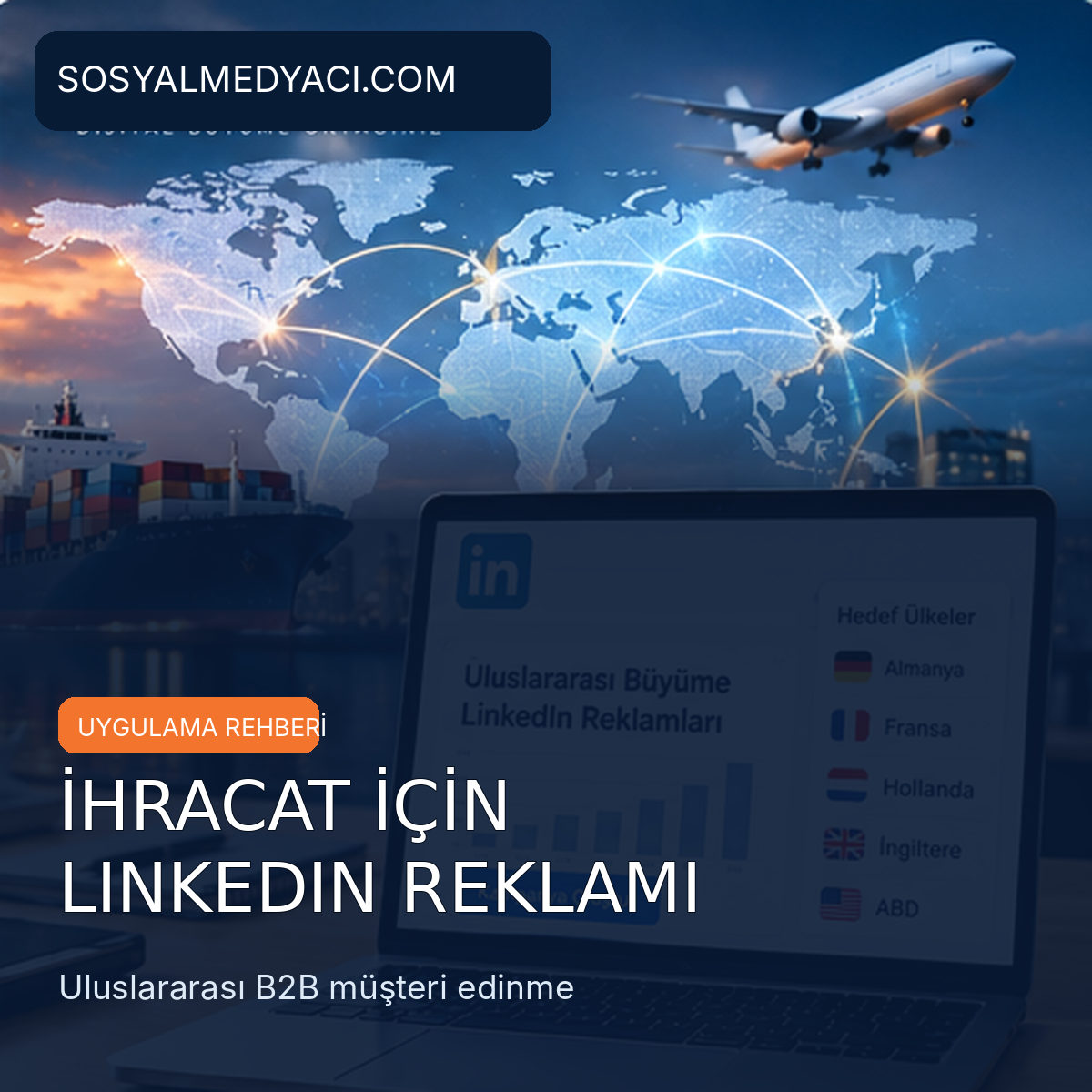 Uluslararası B2B ihracat ve LinkedIn reklam planlamasını gösteren temsili görsel
