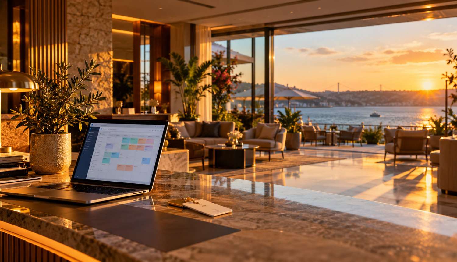 Otel resepsiyonunda rezervasyon planlaması ve Boğaz manzaralı konaklama alanı
